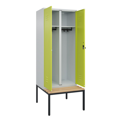 C+P Schwarz-Weiß-Spind Classic PLUS, Bank, 2 Abteile, 2120x800x815mm, 7035/0024, Verschluss Sicherheits-Drehriegel, Sitzbanktyp untergebaut, Material Sitzfläche Buche-Hartholz