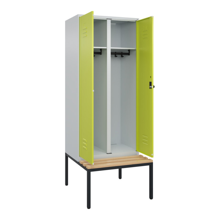 C+P Schwarz-Weiß-Spind Classic PLUS, Bank, 2 Abteile, 2120x800x815mm, 7035/0024, Verschluss Sicherheits-Drehriegel, Sitzbanktyp untergebaut, Material Sitzfläche Buche-Hartholz