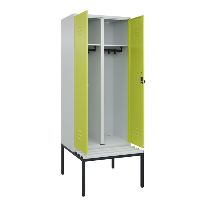 C+P Schwarz-Weiß-Spind Classic PLUS, Bank, 2 Abteile, 2120x800x815mm, 7035/0024, Verschluss Sicherheits-Drehriegel, Sitzbanktyp untergebaut, Material Sitzfläche Kunststoff