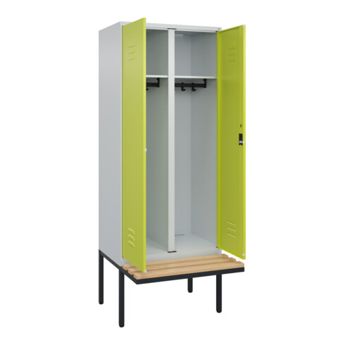 C+P Schwarz-Weiß-Spind Classic PLUS, Bank, 2 Abteile, 2120x800x815mm, 7035/0024, Verschluss Zylinderschloss, Sitzbanktyp auskragend, Material Sitzfläche Buche-Hartholz