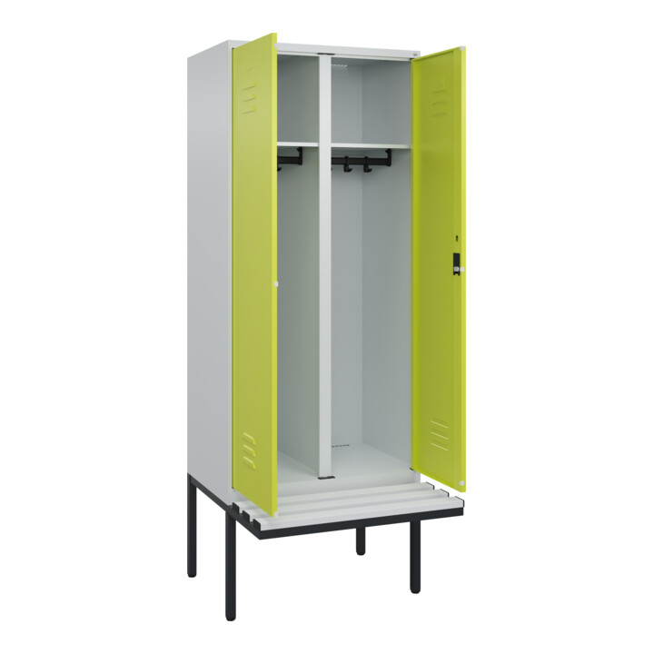 C+P Schwarz-Weiß-Spind Classic PLUS, Bank, 2 Abteile, 2120x800x815mm, 7035/0024, Verschluss Zylinderschloss, Sitzbanktyp auskragend, Material Sitzfläche Kunststoff