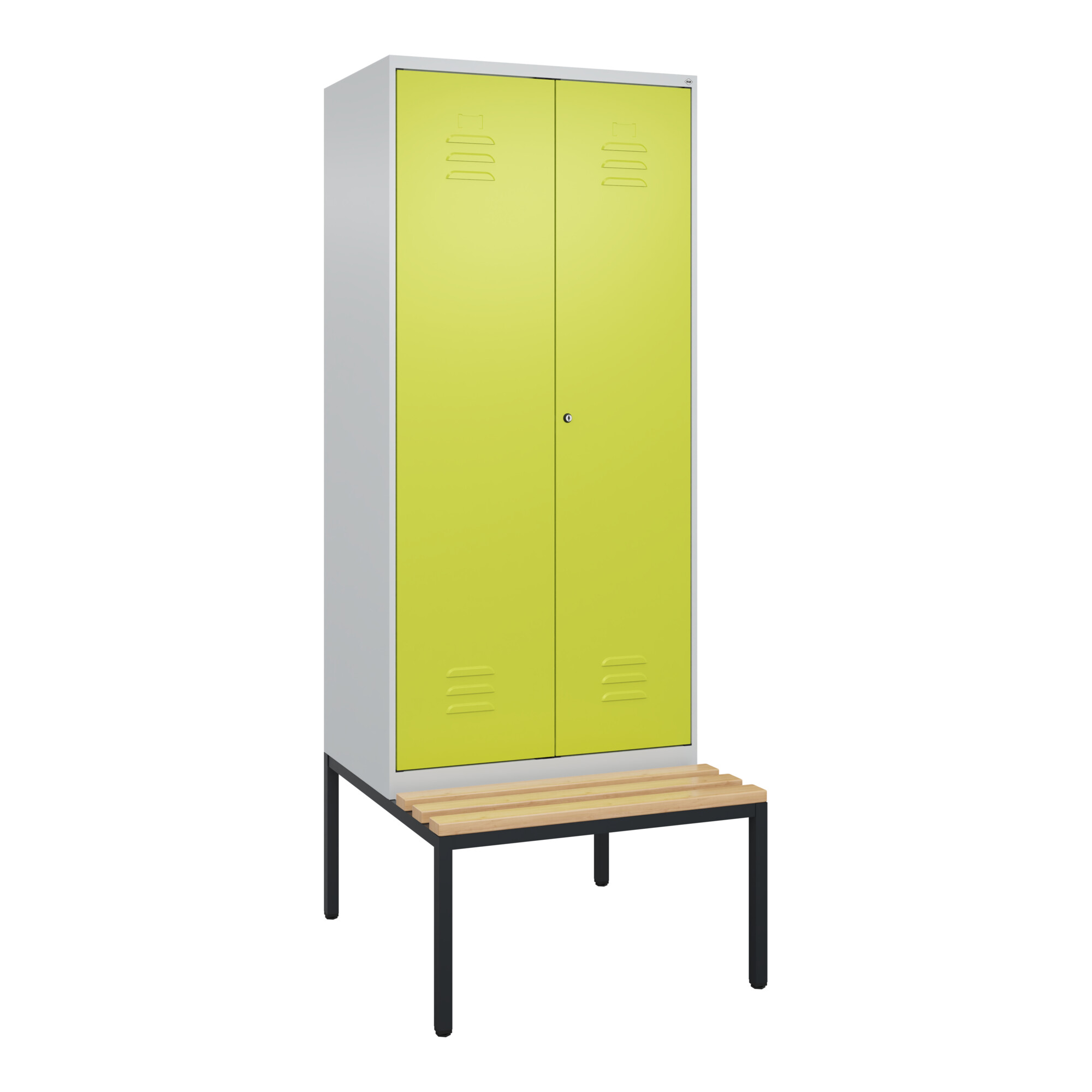 C+P Schwarz-Weiß-Spind Classic PLUS, Bank, 2 Abteile, 2120x800x815mm, 7035/0024, Verschluss Zylinderschloss, Sitzbanktyp untergebaut, Material Sitzflä