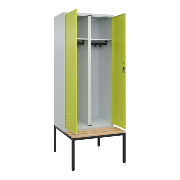 C+P Schwarz-Weiß-Spind Classic PLUS, Bank, 2 Abteile, 2120x800x815mm, 7035/0024, Verschluss Zylinderschloss, Sitzbanktyp untergebaut, Material Sitzfläche Buche-Hartholz