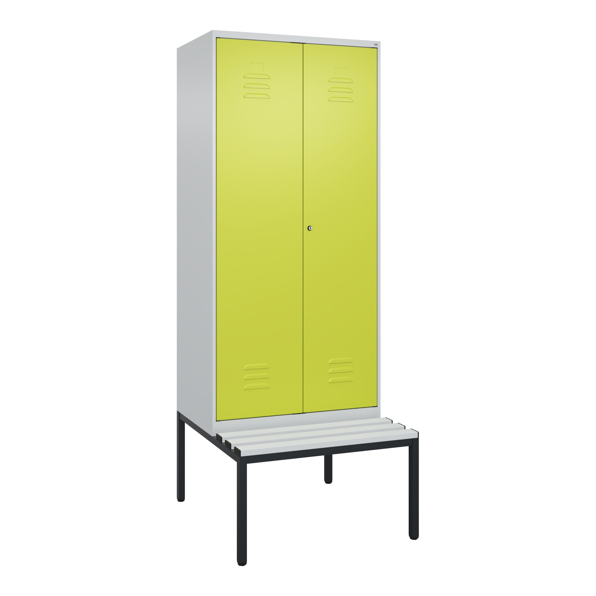 C+P Schwarz-Weiß-Spind Classic PLUS, Bank, 2 Abteile, 2120x800x815mm, 7035/0024, Verschluss Zylinderschloss, Sitzbanktyp untergebaut, Material Sitzflä