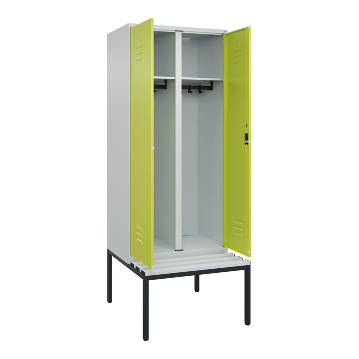 C+P Schwarz-Weiß-Spind Classic PLUS, Bank, 2 Abteile, 2120x800x815mm, 7035/0024, Verschluss Zylinderschloss, Sitzbanktyp untergebaut, Material Sitzfläche Kunststoff