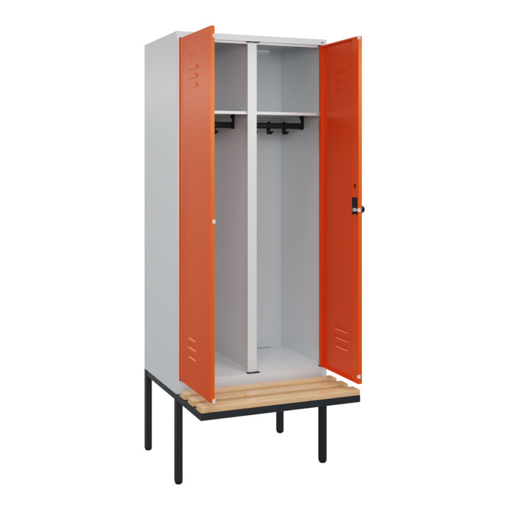 C+P Schwarz-Weiß-Spind Classic PLUS, Bank, 2 Abteile, 2120x800x815mm, 7035/2004, Verschluss Sicherheits-Drehriegel, Sitzbanktyp auskragend, Material Sitzfläche Buche-Hartholz