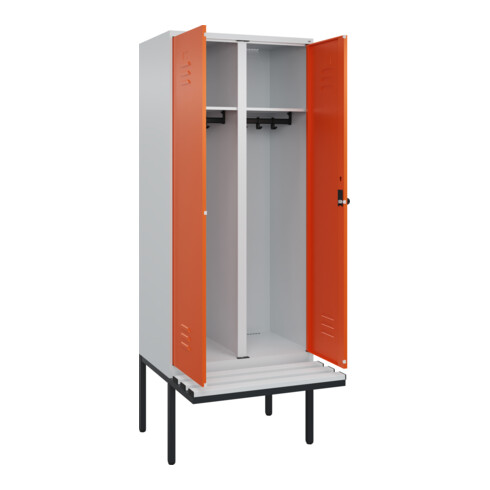 C+P Schwarz-Weiß-Spind Classic PLUS, Bank, 2 Abteile, 2120x800x815mm, 7035/2004, Verschluss Sicherheits-Drehriegel, Sitzbanktyp auskragend, Material Sitzfläche Kunststoff