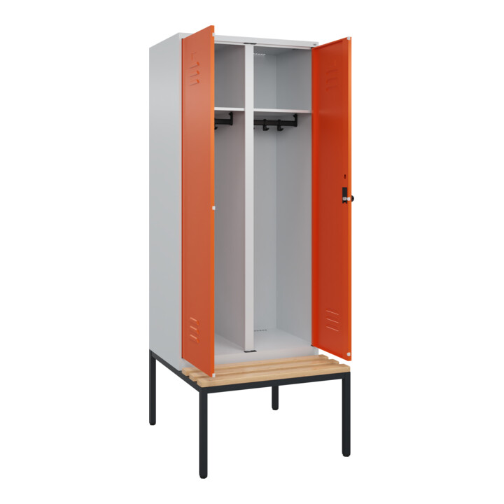 C+P Schwarz-Weiß-Spind Classic PLUS, Bank, 2 Abteile, 2120x800x815mm, 7035/2004, Verschluss Sicherheits-Drehriegel, Sitzbanktyp untergebaut, Material Sitzfläche Buche-Hartholz