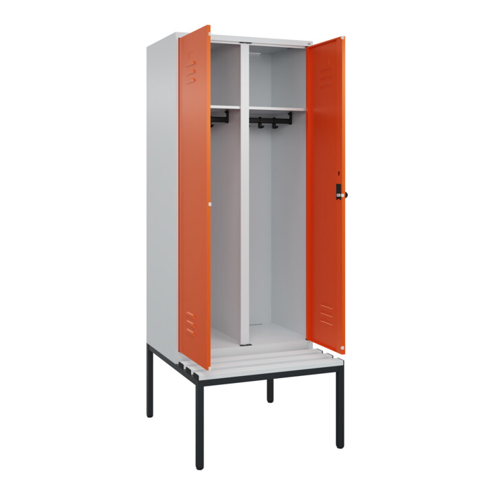 C+P Schwarz-Weiß-Spind Classic PLUS, Bank, 2 Abteile, 2120x800x815mm, 7035/2004, Verschluss Sicherheits-Drehriegel, Sitzbanktyp untergebaut, Material Sitzfläche Kunststoff