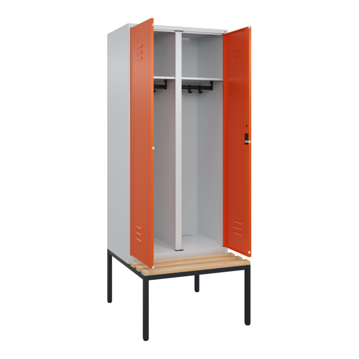 C+P Schwarz-Weiß-Spind Classic PLUS, Bank, 2 Abteile, 2120x800x815mm, 7035/2004, Verschluss Zylinderschloss, Sitzbanktyp untergebaut, Material Sitzfläche Buche-Hartholz