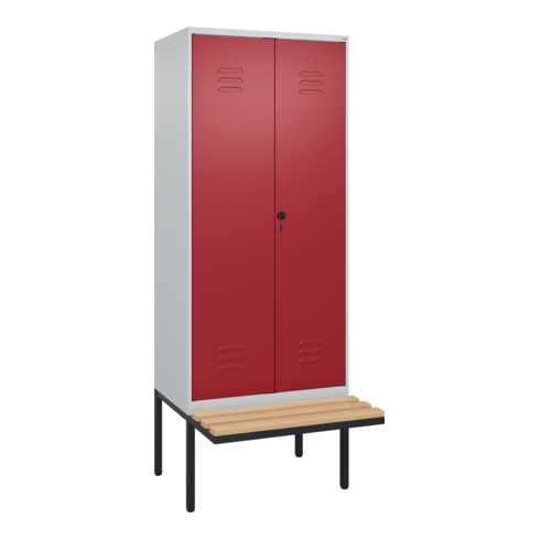 C+P Schwarz-Weiß-Spind Classic PLUS, Bank, 2 Abteile, 2120x800x815mm, 7035/3003, Verschluss Sicherheits-Drehriegel, Sitzbanktyp auskragend, Material Sitzfläche Buche-Hartholz