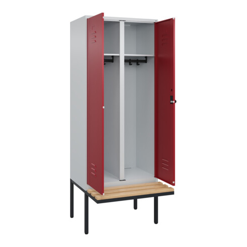 C+P Schwarz-Weiß-Spind Classic PLUS, Bank, 2 Abteile, 2120x800x815mm, 7035/3003, Verschluss Sicherheits-Drehriegel, Sitzbanktyp auskragend, Material Sitzfläche Buche-Hartholz