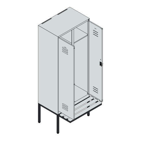 C+P Schwarz-Weiß-Spind Classic PLUS, Bank, 2 Abteile, 2120x800x815mm, 7035/3003, Verschluss Sicherheits-Drehriegel, Sitzbanktyp auskragend, Material Sitzfläche Buche-Hartholz