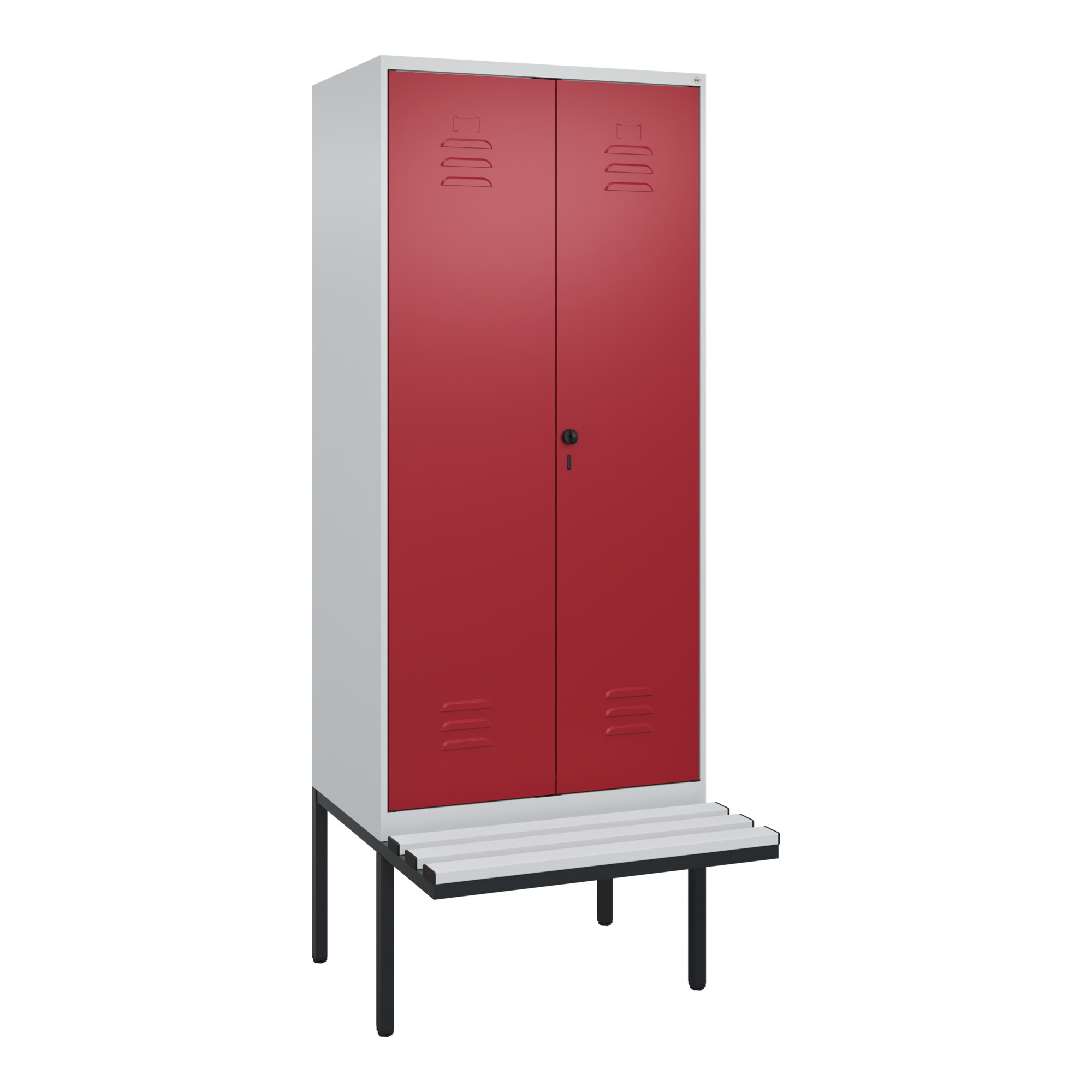 C+P Schwarz-Weiß-Spind Classic PLUS, Bank, 2 Abteile, 2120x800x815mm, 7035/3003, Verschluss Sicherheits-Drehriegel, Sitzbanktyp auskragend, Material S