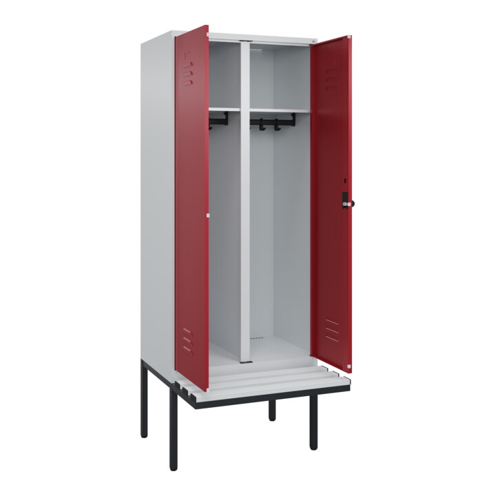 C+P Schwarz-Weiß-Spind Classic PLUS, Bank, 2 Abteile, 2120x800x815mm, 7035/3003, Verschluss Sicherheits-Drehriegel, Sitzbanktyp auskragend, Material Sitzfläche Kunststoff