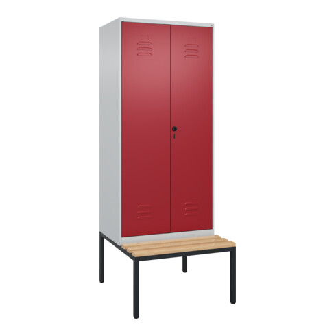 C+P Schwarz-Weiß-Spind Classic PLUS, Bank, 2 Abteile, 2120x800x815mm, 7035/3003, Verschluss Sicherheits-Drehriegel, Sitzbanktyp untergebaut, Material Sitzfläche Buche-Hartholz
