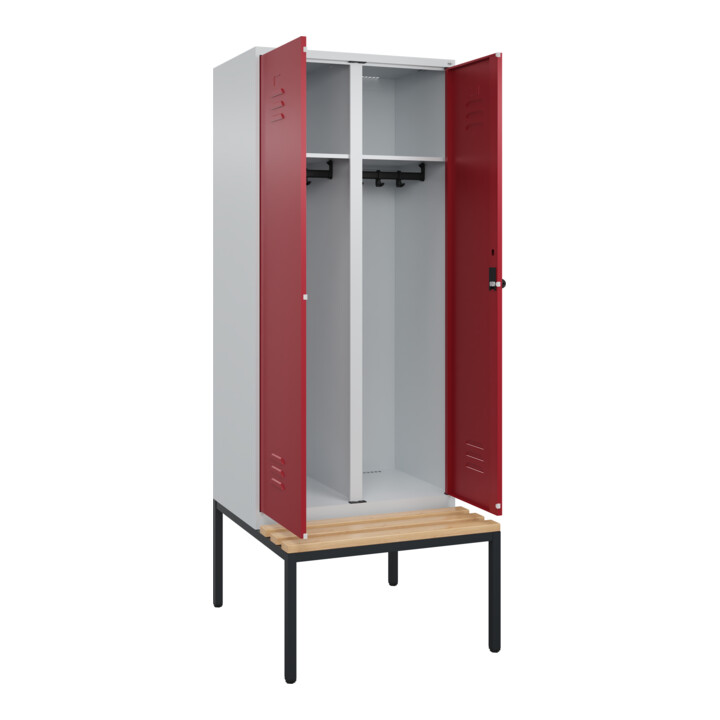 C+P Schwarz-Weiß-Spind Classic PLUS, Bank, 2 Abteile, 2120x800x815mm, 7035/3003, Verschluss Sicherheits-Drehriegel, Sitzbanktyp untergebaut, Material Sitzfläche Buche-Hartholz
