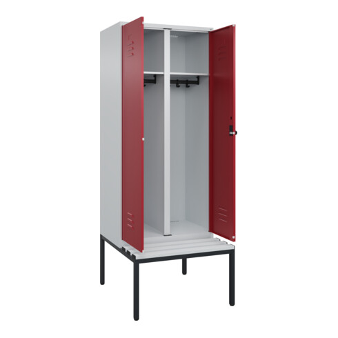 C+P Schwarz-Weiß-Spind Classic PLUS, Bank, 2 Abteile, 2120x800x815mm, 7035/3003, Verschluss Sicherheits-Drehriegel, Sitzbanktyp untergebaut, Material Sitzfläche Kunststoff