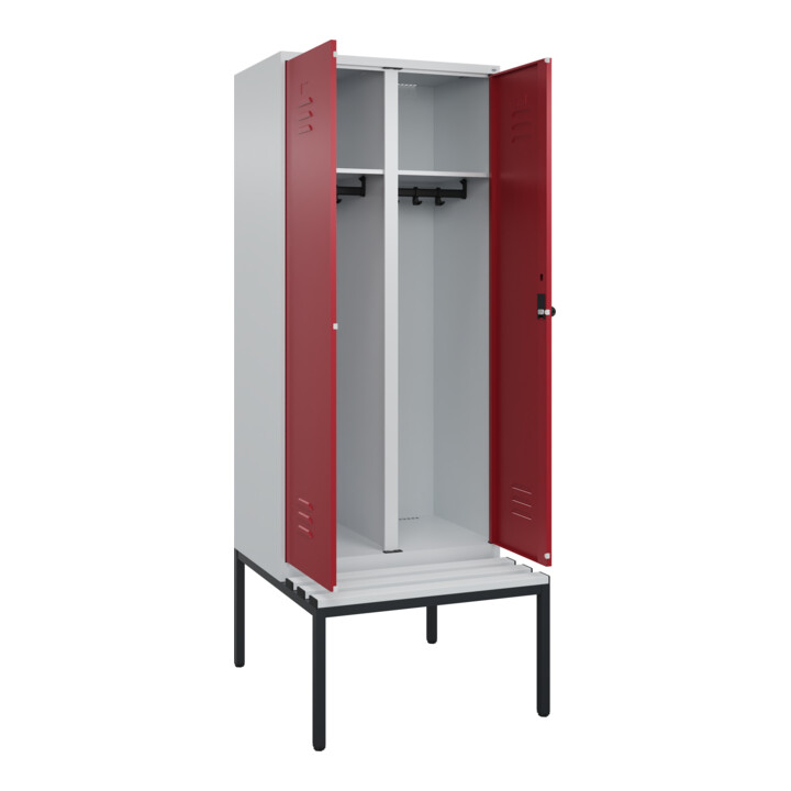 C+P Schwarz-Weiß-Spind Classic PLUS, Bank, 2 Abteile, 2120x800x815mm, 7035/3003, Verschluss Sicherheits-Drehriegel, Sitzbanktyp untergebaut, Material Sitzfläche Kunststoff