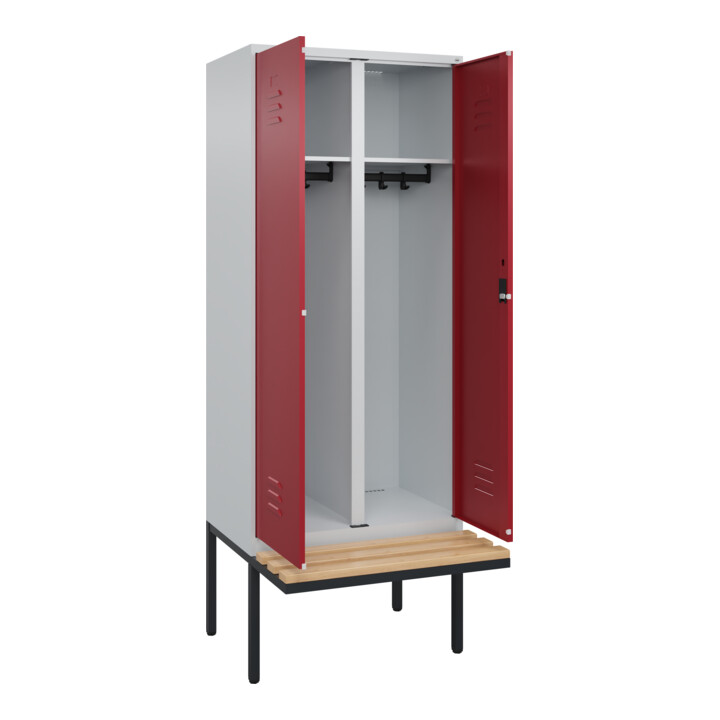 C+P Schwarz-Weiß-Spind Classic PLUS, Bank, 2 Abteile, 2120x800x815mm, 7035/3003, Verschluss Zylinderschloss, Sitzbanktyp auskragend, Material Sitzfläche Buche-Hartholz