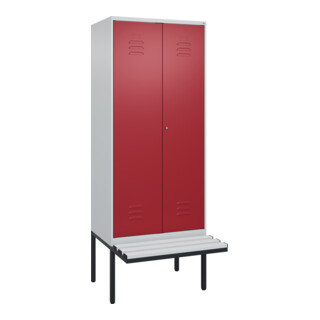 C+P Schwarz-Weiß-Spind Classic PLUS, Bank, 2 Abteile, 2120x800x815mm, 7035/3003, Verschluss Zylinderschloss, Sitzbanktyp auskragend, Material Sitzfläche Kunststoff