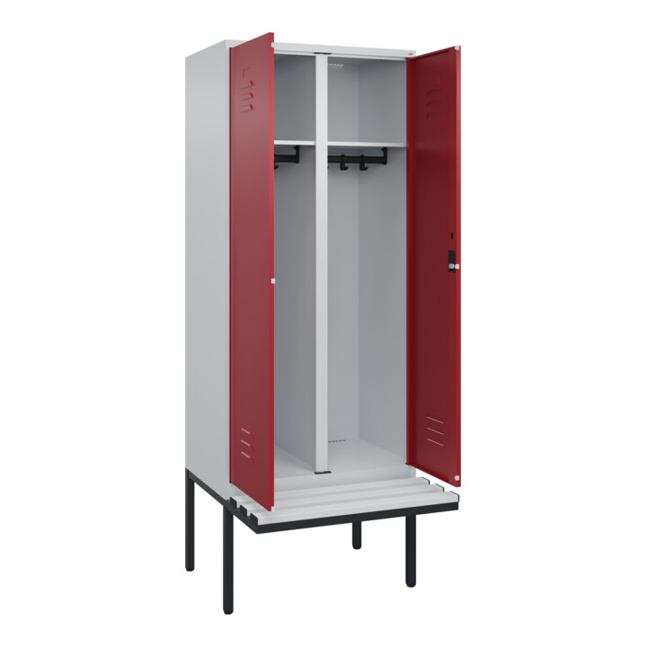 C+P Schwarz-Weiß-Spind Classic PLUS, Bank, 2 Abteile, 2120x800x815mm, 7035/3003, Verschluss Zylinderschloss, Sitzbanktyp auskragend, Material Sitzfläche Kunststoff