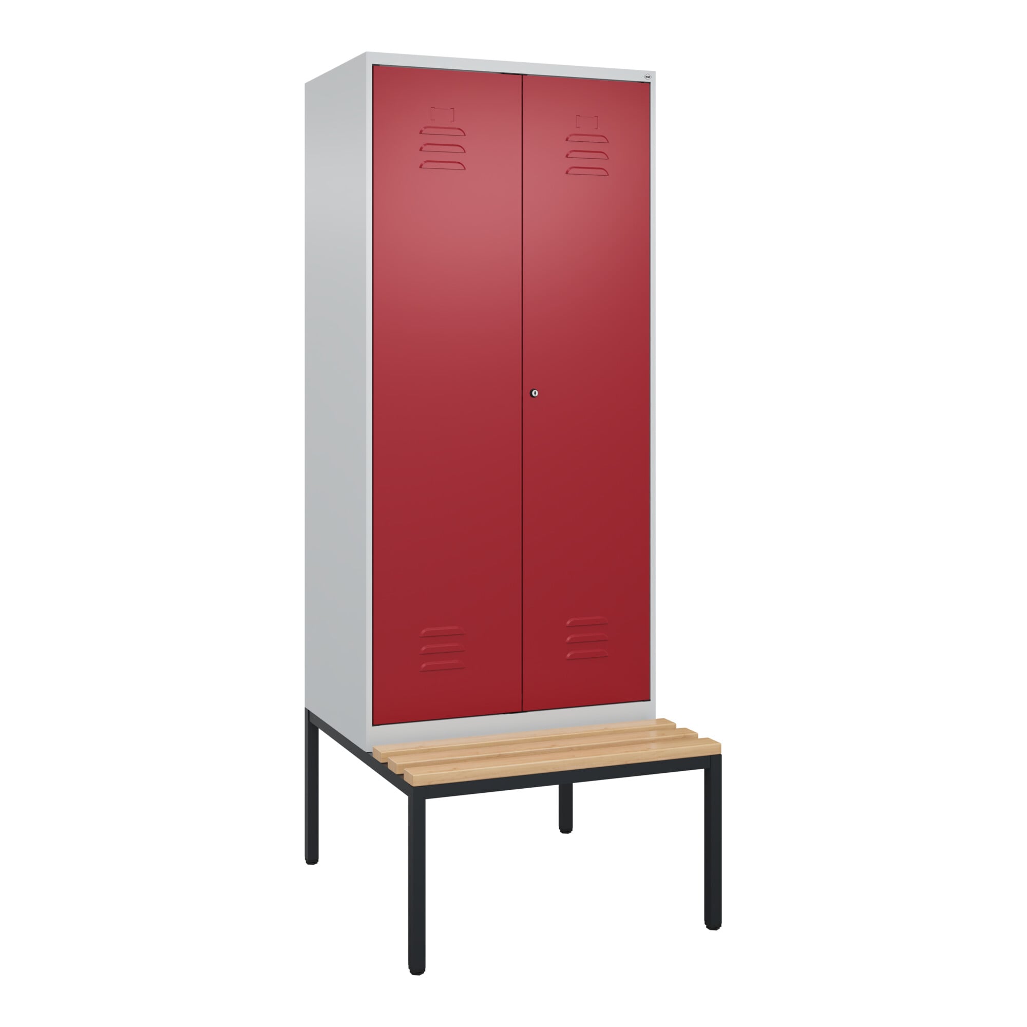 C+P Schwarz-Weiß-Spind Classic PLUS, Bank, 2 Abteile, 2120x800x815mm, 7035/3003, Verschluss Zylinderschloss, Sitzbanktyp untergebaut, Material Sitzflä