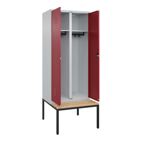 C+P Schwarz-Weiß-Spind Classic PLUS, Bank, 2 Abteile, 2120x800x815mm, 7035/3003, Verschluss Zylinderschloss, Sitzbanktyp untergebaut, Material Sitzfläche Buche-Hartholz