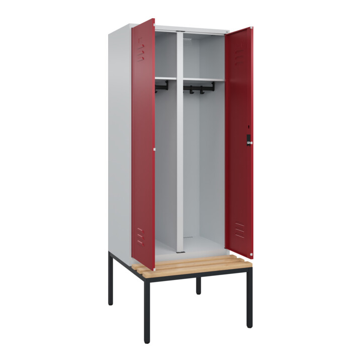 C+P Schwarz-Weiß-Spind Classic PLUS, Bank, 2 Abteile, 2120x800x815mm, 7035/3003, Verschluss Zylinderschloss, Sitzbanktyp untergebaut, Material Sitzfläche Buche-Hartholz