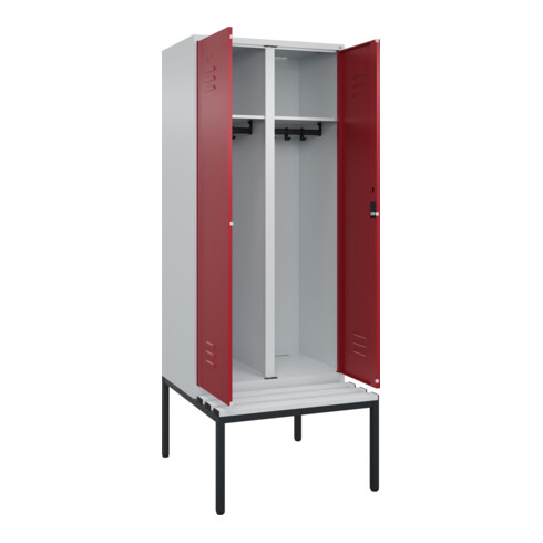 C+P Schwarz-Weiß-Spind Classic PLUS, Bank, 2 Abteile, 2120x800x815mm, 7035/3003, Verschluss Zylinderschloss, Sitzbanktyp untergebaut, Material Sitzfläche Kunststoff