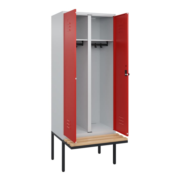 C+P Schwarz-Weiß-Spind Classic PLUS, Bank, 2 Abteile, 2120x800x815mm, 7035/3020, Verschluss Sicherheits-Drehriegel, Sitzbanktyp auskragend, Material Sitzfläche Buche-Hartholz