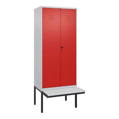 C+P Schwarz-Weiß-Spind Classic PLUS, Bank, 2 Abteile, 2120x800x815mm, 7035/3020, Verschluss Sicherheits-Drehriegel, Sitzbanktyp auskragend, Material Sitzfläche Kunststoff