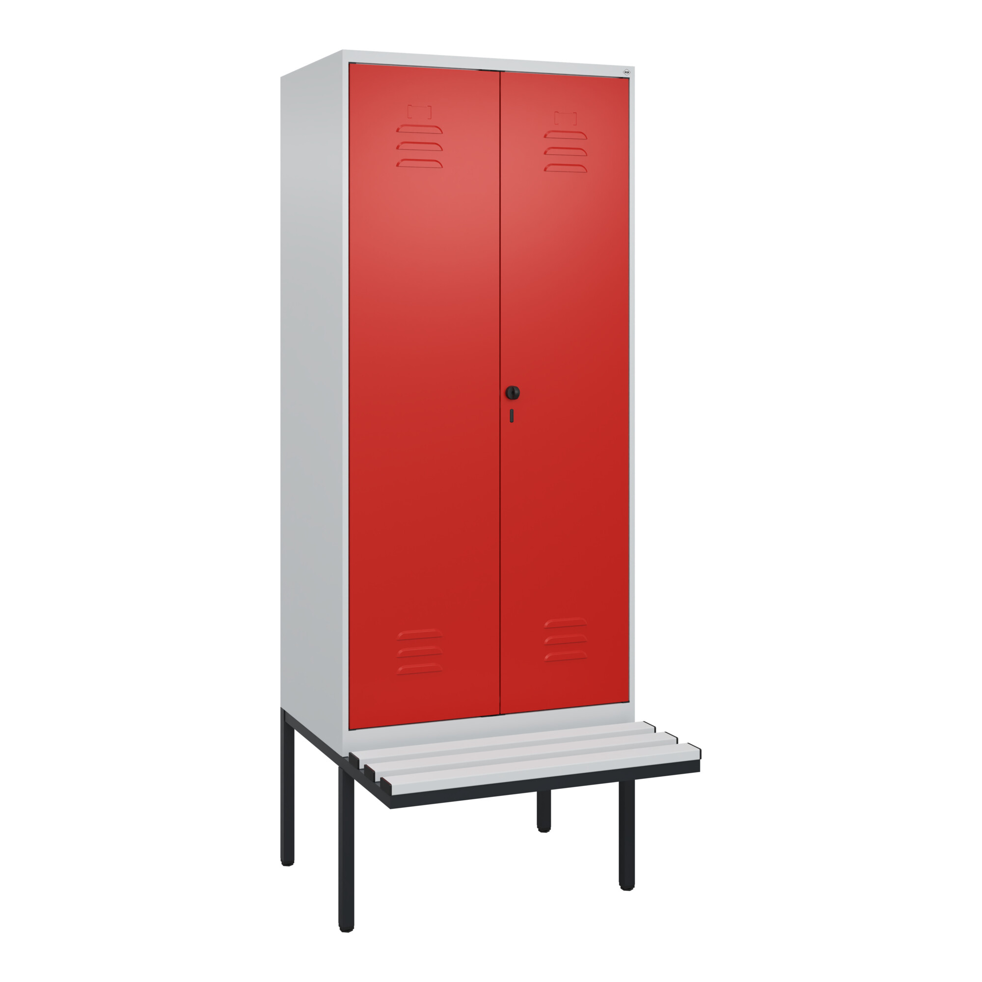 C+P Schwarz-Weiß-Spind Classic PLUS, Bank, 2 Abteile, 2120x800x815mm, 7035/3020, Verschluss Sicherheits-Drehriegel, Sitzbanktyp auskragend, Material S