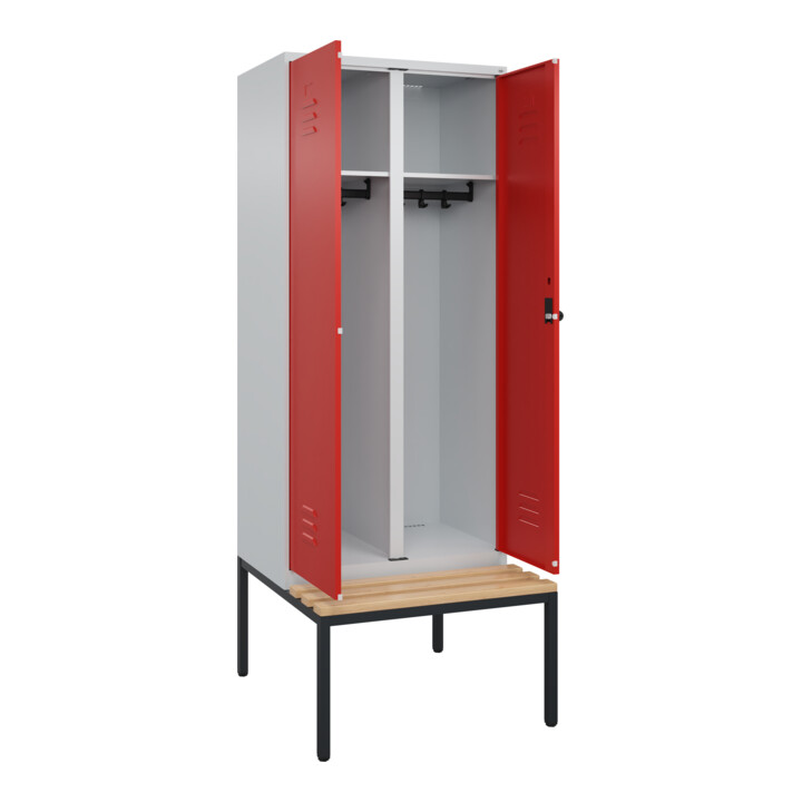 C+P Schwarz-Weiß-Spind Classic PLUS, Bank, 2 Abteile, 2120x800x815mm, 7035/3020, Verschluss Sicherheits-Drehriegel, Sitzbanktyp untergebaut, Material Sitzfläche Buche-Hartholz