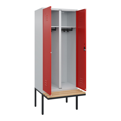 C+P Schwarz-Weiß-Spind Classic PLUS, Bank, 2 Abteile, 2120x800x815mm, 7035/3020, Verschluss Zylinderschloss, Sitzbanktyp auskragend, Material Sitzfläche Buche-Hartholz