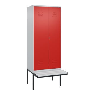 C+P Schwarz-Weiß-Spind Classic PLUS, Bank, 2 Abteile, 2120x800x815mm, 7035/3020, Verschluss Zylinderschloss, Sitzbanktyp auskragend, Material Sitzfläche Kunststoff