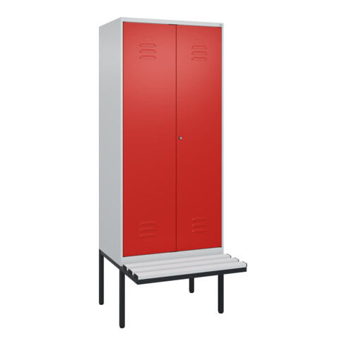 C+P Schwarz-Weiß-Spind Classic PLUS, Bank, 2 Abteile, 2120x800x815mm, 7035/3020, Verschluss Zylinderschloss, Sitzbanktyp auskragend, Material Sitzfläche Kunststoff