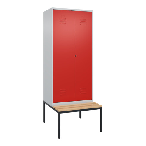 C+P Schwarz-Weiß-Spind Classic PLUS, Bank, 2 Abteile, 2120x800x815mm, 7035/3020, Verschluss Zylinderschloss, Sitzbanktyp untergebaut, Material Sitzfläche Buche-Hartholz