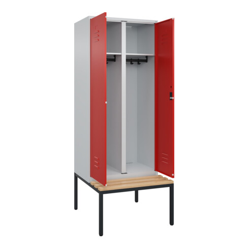 C+P Schwarz-Weiß-Spind Classic PLUS, Bank, 2 Abteile, 2120x800x815mm, 7035/3020, Verschluss Zylinderschloss, Sitzbanktyp untergebaut, Material Sitzfläche Buche-Hartholz