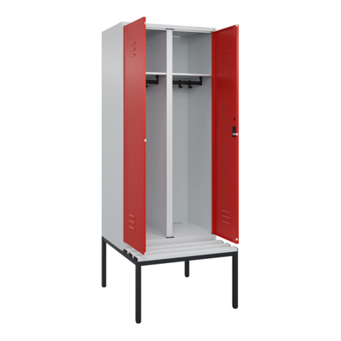C+P Schwarz-Weiß-Spind Classic PLUS, Bank, 2 Abteile, 2120x800x815mm, 7035/3020, Verschluss Zylinderschloss, Sitzbanktyp untergebaut, Material Sitzfläche Kunststoff