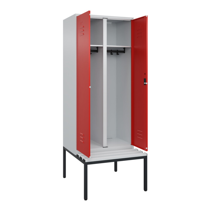 C+P Schwarz-Weiß-Spind Classic PLUS, Bank, 2 Abteile, 2120x800x815mm, 7035/3020, Verschluss Zylinderschloss, Sitzbanktyp untergebaut, Material Sitzfläche Kunststoff