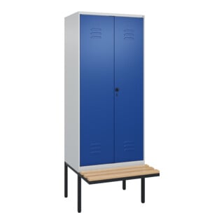 C+P Schwarz-Weiß-Spind Classic PLUS, Bank, 2 Abteile, 2120x800x815mm, 7035/5010, Verschluss Sicherheits-Drehriegel, Sitzbanktyp auskragend, Material Sitzfläche Buche-Hartholz