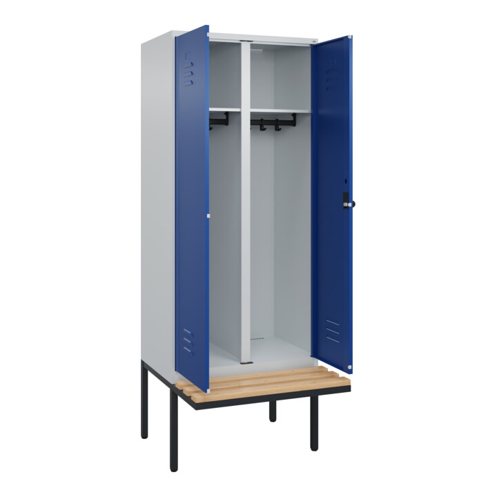 C+P Schwarz-Weiß-Spind Classic PLUS, Bank, 2 Abteile, 2120x800x815mm, 7035/5010, Verschluss Sicherheits-Drehriegel, Sitzbanktyp auskragend, Material Sitzfläche Buche-Hartholz
