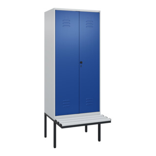 C+P Schwarz-Weiß-Spind Classic PLUS, Bank, 2 Abteile, 2120x800x815mm, 7035/5010, Verschluss Sicherheits-Drehriegel, Sitzbanktyp auskragend, Material Sitzfläche Kunststoff