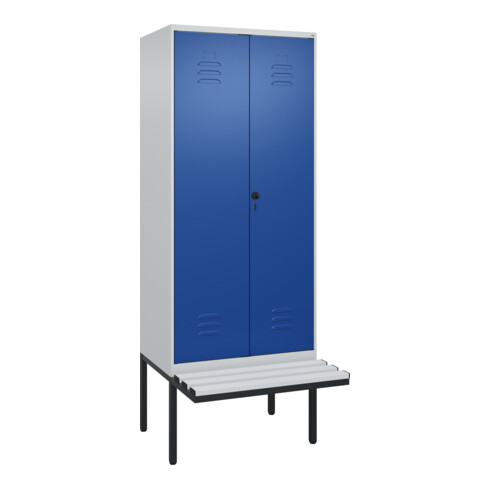 C+P Schwarz-Weiß-Spind Classic PLUS, Bank, 2 Abteile, 2120x800x815mm, 7035/5010, Verschluss Sicherheits-Drehriegel, Sitzbanktyp auskragend, Material Sitzfläche Kunststoff
