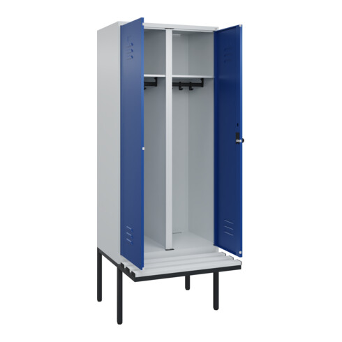 C+P Schwarz-Weiß-Spind Classic PLUS, Bank, 2 Abteile, 2120x800x815mm, 7035/5010, Verschluss Sicherheits-Drehriegel, Sitzbanktyp auskragend, Material Sitzfläche Kunststoff