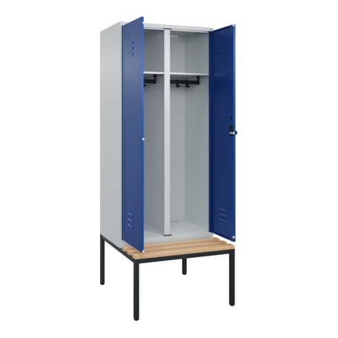 C+P Schwarz-Weiß-Spind Classic PLUS, Bank, 2 Abteile, 2120x800x815mm, 7035/5010, Verschluss Sicherheits-Drehriegel, Sitzbanktyp untergebaut, Material Sitzfläche Buche-Hartholz