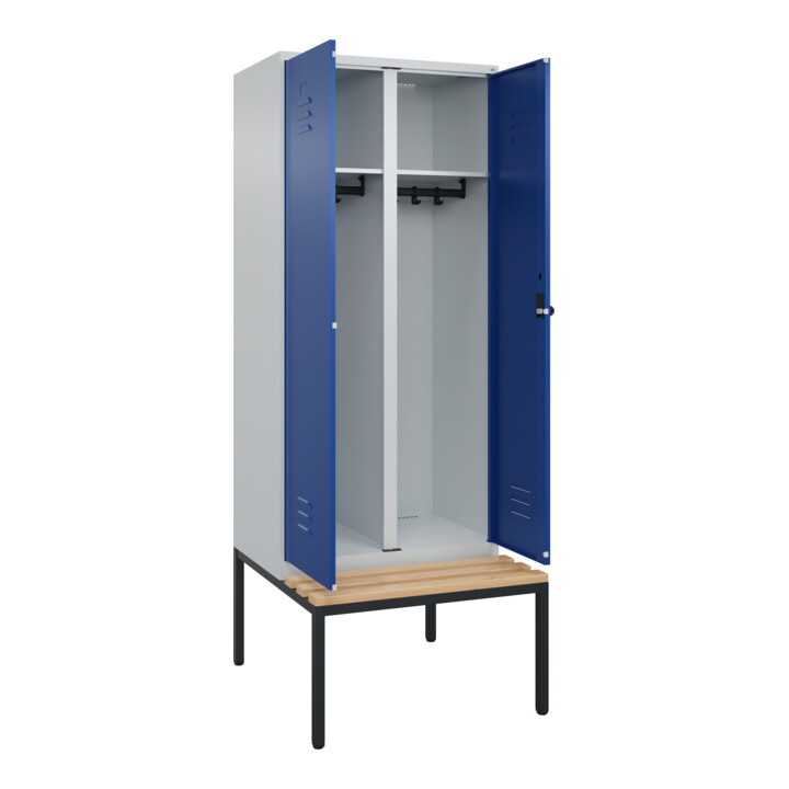 C+P Schwarz-Weiß-Spind Classic PLUS, Bank, 2 Abteile, 2120x800x815mm, 7035/5010, Verschluss Sicherheits-Drehriegel, Sitzbanktyp untergebaut, Material Sitzfläche Buche-Hartholz