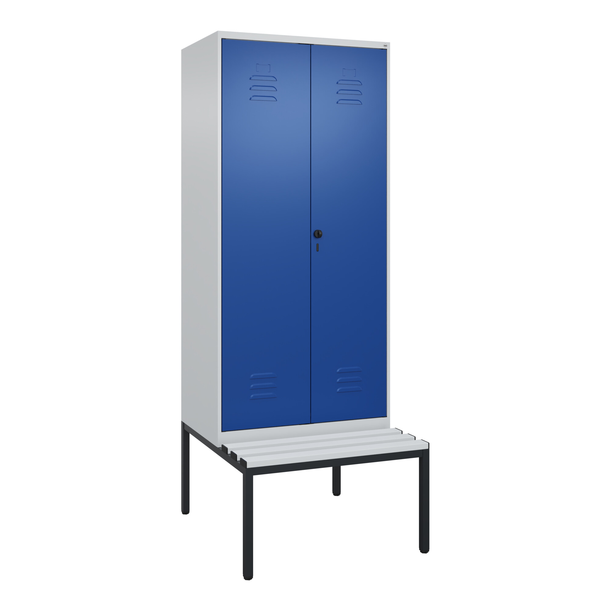 C+P Schwarz-Weiß-Spind Classic PLUS, Bank, 2 Abteile, 2120x800x815mm, 7035/5010, Verschluss Sicherheits-Drehriegel, Sitzbanktyp untergebaut, Material