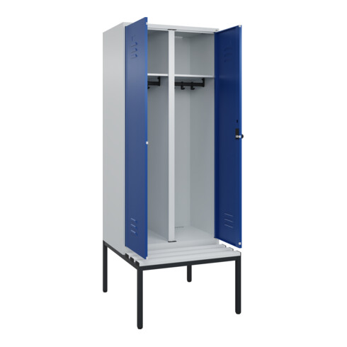 C+P Schwarz-Weiß-Spind Classic PLUS, Bank, 2 Abteile, 2120x800x815mm, 7035/5010, Verschluss Sicherheits-Drehriegel, Sitzbanktyp untergebaut, Material Sitzfläche Kunststoff